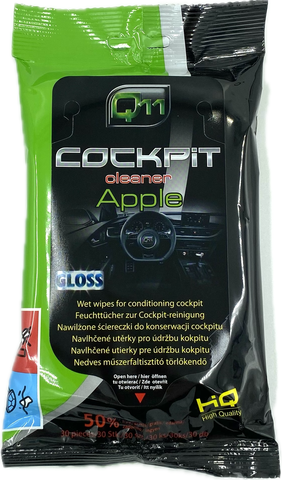 Q11 Műszerfalápló & tisztító kendő | alma illat | fényes hatás | - 30 db